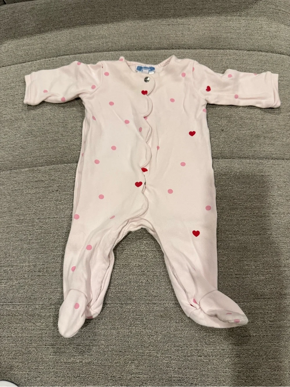 Jacadi Light Pink Baby Girl Footed One-Piece with Scallops Polka Dots and Hearts